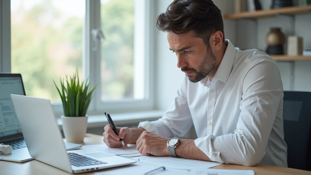 Мужчина в офисе делает заметки, создавая схемы знаний в тетради рядом с ноутбуком