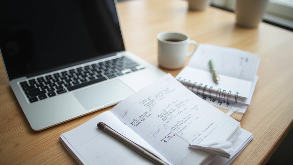 Рабочий стол с ноутбуком, организованной системой папок и заметок