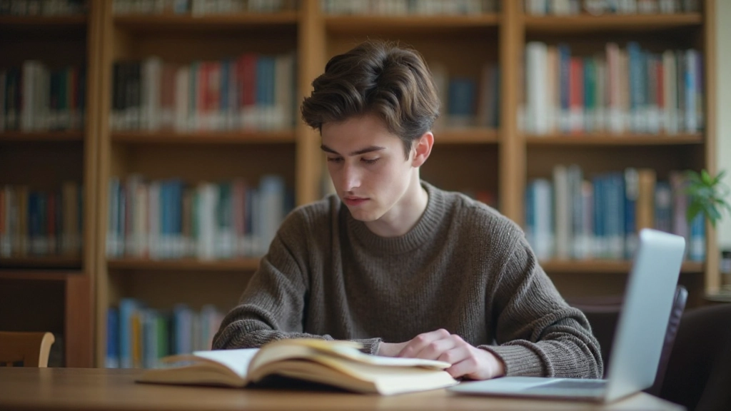 Студент занимается обучением с книгами и ноутбуком в уютной библиотеке