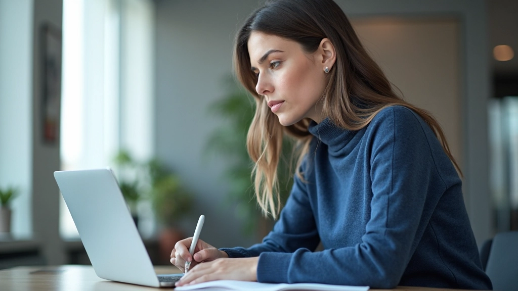 Профессиональное изображение женщины, работающей с ноутбуком в современном офисе, изучая материалы